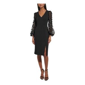 NWT Eliza J V-Neck LS Ponte Woven Floral Sleeve Black Sheath Cocktail Dress 14P